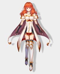  absurdres arcelle armor armored_boots bare_shoulders black_gloves black_thighhighs blush boots breastplate breasts celica_(fire_emblem) cleavage commentary dress earrings english_commentary female fingerless_gloves fire_emblem fire_emblem_echoes:_shadows_of_valentia gloves highres jewelry long_hair mixed-language_commentary red_eyes red_hair shadow short_sleeves silver_background simple_background smile solo strapless strapless_dress thighhighs tiara 