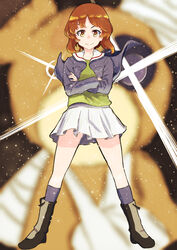  absurdres black_footwear black_socks blue_jacket blurry blurry_background boko_(girls_und_panzer) boots brown_eyes brown_hair closed_mouth commentary crossed_arms depth_of_field diffraction_spikes female girls_und_panzer green_shirt gunbuster_pose highres jacket light_particles long_sleeves looking_at_viewer military military_uniform miniskirt nishizumi_miho ooarai_military_uniform open_clothes open_jacket oritako pleated_skirt shirt short_hair skirt smile socks solo standing stuffed_animal stuffed_toy teddy_bear uniform white_skirt wind 