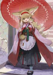  animal_ear_fluff animal_ears animal_on_shoulder apron arknights black_footwear black_hakama black_skirt blonde_hair blush bobby_socks coin_purse commentary_request female floral_print flower fox fox_ears fox_girl fox_tail frilled_apron frills full_body green_eyes hair_flower hair_ornament hairband hakama hakama_skirt highres holding holding_umbrella japanese_clothes kimono kitsune kyuubi long_hair long_skirt long_sleeves mikeneko90 multiple_tails obi oerba_yun_fang official_alternate_costume oil-paper_umbrella okobo one_eye_closed open_mouth outdoors pink_kimono pinwheel platform_footwear pleated_skirt red_hairband red_umbrella sandals sash skirt snow socks solo suzuran_(arknights) suzuran_(yukibare)_(arknights) tabi tail umbrella waist_apron white_apron white_socks wide_sleeves winter yagasuri 