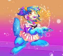  3_toes absurd_res alternative_fashion ambiguous_gender band-aid bandage barefoot blue_body blue_fur blue_hair bottomwear claws clothing collar colorful_theme feet female fur hair heart_symbol hi_res humanoid j-fashion junkochi monster_girl_(genre) one_eye_obstructed open_mouth patch_(fabric) pink_tongue purple_background raised_tail red_eyes sailor_uniform simple_background skirt solo sparklefur tail toe_claws toes tongue twintails 