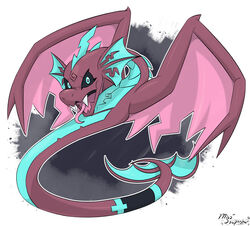  2019 absurd_res ambiguous_gender black_sclera blue_eyes colored digital_media_(artwork) fakemon feral hi_res miso_souperstar pink_tongue purple_body purple_scales reptile scales scalie shiny_fakemon signature snake solo spread_wings tongue voltagandr wings 