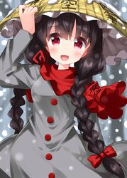  :d arm_up black_hair blush bow braid breasts buttons capelet clothes_writing dress female frills grey_dress hair_between_eyes hairbow hand_on_headwear hand_up hat highres long_hair long_sleeves looking_to_the_side medium_breasts one-hour_drawing_challenge open_mouth red_bow red_capelet red_eyes ruu_(tksymkw) smile snow snow_on_headwear snowing solo standing tongue touhou tree twin_braids winter yatadera_narumi yellow_hat 