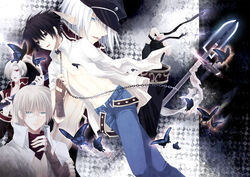  4boys bandana belt black_butterfly black_coat black_gloves black_hair blacksmith_(ragnarok_online) blonde_hair blue_eyes blue_pants brown_belt brown_eyes brown_gloves bug butterfly chain_leash chains coat commentary_request feet_out_of_frame fingerless_gloves glasses gloves hair_between_eyes hair_over_one_eye holding holding_staff leash long_bangs long_sleeves looking_at_viewer male_focus multiple_boys multiple_girls open_clothes open_mouth open_shirt pants pointy_ears polearm priest_(ragnarok_online) ragnarok_online red_bandana red_coat red_eyes rimless_eyewear shirt short_hair short_sleeves spear staff takamura_ryou textless_version upper_body weapon white_hair white_shirt 