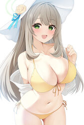  :d absurdres arm_behind_back bad_id bad_pixiv_id bikini blue_archive blush breasts cleavage collarbone commentary_request female flower green_eyes halo halterneck hat hat_flower highres jacket large_breasts leaning_forward light_brown_hair looking_at_viewer navel nonomi_(blue_archive) nonomi_(swimsuit)_(blue_archive) official_alternate_costume open_clothes open_jacket open_mouth rei_(ilust9999) revision rose side-tie_bikini_bottom sideboob simple_background smile solo stomach string_bikini sun_hat swimsuit white_background white_hat yellow_bikini yellow_flower yellow_rose 