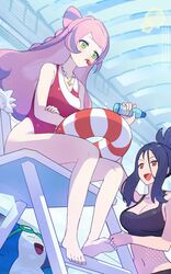  2girls bikini black_bikini black_hair bow-shaped_hair breasts dendra_(pokemon) drink green_eyes highres hsin jewelry lifebuoy light_purple_hair long_hair miriam_(pokemon) multicolored_hair multiple_girls navel one-piece_swimsuit pokemon pokemon_sv purple_hair red_bikini red_eyes smile snom snorlax stomach streaked_hair swept_bangs swim_ring swimsuit two-tone_swimsuit whistle 