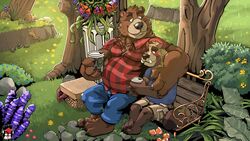  16:9 2021 anthro bear bench blush bottomwear brown_bear brown_body brown_fur canid canine clothing dean_(password) detailed_background duo fur hi_res hug leo_zeke male male/male mammal outside overweight overweight_male pants password_(visual_novel) plant raccoon_dog rami_watanuki_(ramiwatanuki) shirt shorts sitting tanuki topwear tree ursine widescreen 