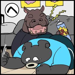  1:1 2020 anthro ass bear bed black_bear black_body black_fur black_nose bodily_fluids closed_eyes clothing common_hippopotamus crying detailed_background duo fur furniture hippopotamid japanese_text mammal moon_bear overweight pillow shirt tears text topwear ursine yuumin148 