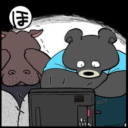  1:1 2020 anthro bear black_bear black_body black_fur black_nose bottomwear clothing common_hippopotamus duo electronics fur hippopotamid japanese_text mammal moon_bear overweight pants scared shirt simple_background sitting television text topwear ursine yuumin148 