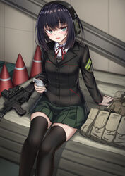  :d arm_support as_val assault_rifle black_hair black_jacket black_thighhighs blush breasts cellphone collared_shirt commentary_request dress_shirt ear_piercing feet_out_of_frame female green_eyes green_skirt gun hair_between_eyes highres holding holding_phone izumi_(yakob_labo) jacket kalashnikov_rifle long_sleeves neck_ribbon open_mouth original phone piercing pleated_skirt red_ribbon ribbon rifle school_uniform shirt short_hair sitting skirt small_breasts smile solo thighhighs traffic_cone weapon white_shirt yakob_labo 