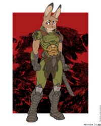  4:5 5_fingers anthro armor brown_body brown_fur clothed clothing colored daisy_(doom) digital_media_(artwork) doom_(series) doom_slayer female fingers flat_colors foxboy83 full-length_portrait fur hi_res id_software lagomorph leporid mammal microsoft portrait rabbit red_eyes simple_background solo standing 