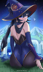  alternate_eye_color ass back bare_shoulders black_hair black_pantyhose blue_eyes blue_leotard crystalfly_(genshin_impact) earrings female from_behind fur_collar genshin_impact grass hat highres jewelry leotard lips long_hair looking_at_viewer looking_back mona_(genshin_impact) mountain night night_sky nocta_felis outdoors pantyhose sitting sky solo star_(sky) starry_sky twintails witch_hat 