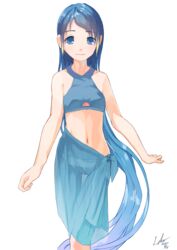  absurdres bikini blue_bikini blue_eyes blue_hair blue_sarong female gradient_hair highres kantai_collection laminar_flow long_hair looking_at_viewer midriff multicolored_hair samidare_(kancolle) sarong simple_background solo standing swept_bangs swimsuit tank_top very_long_hair white_background 