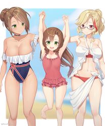  3girls absurdres armpits ass_visible_through_thighs bare_legs barefoot beach bikini black-framed_eyewear blonde_hair blurry blurry_background breasts brown_hair choker cleavage closed_mouth collarbone commentary commission covered_navel drill_hair feet_out_of_frame female_commander_(girls&#039;_frontline) fn-49_(girls&#039;_frontline) girls&#039;_frontline glasses green_eyes hair_bun halterneck height_difference highleg highleg_swimsuit highres large_breasts layered_bikini lee-enfield_(girls&#039;_frontline) lifting_person linea_alba long_hair looking_at_another looking_at_viewer low-tied_long_hair multicolored_hair multiple_girls navel no_eyewear ocean off-shoulder_one-piece_swimsuit off_shoulder one-piece_swimsuit open_mouth outside_border parted_bangs pendant_choker rectangular_eyewear red_eyes rynzfrancis semi-rimless_eyewear single_hair_bun sky small_breasts smile streaked_hair swimsuit tareme teeth thighs twin_drills twitter_username under-rim_eyewear union_jack upper_teeth_only water yuri 