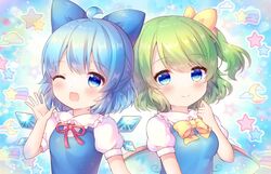  2girls blue_bow blue_dress blue_eyes blue_hair blush bow cirno closed_mouth coa_(chroo_x) collared_shirt crescent daiyousei detached_wings dress fairy fairy_wings green_hair hair_between_eyes hairbow ice ice_wings long_hair multiple_girls one_eye_closed open_mouth puffy_short_sleeves puffy_sleeves shirt short_hair short_sleeves side_ponytail smile star_(symbol) touhou upper_body white_shirt wings 