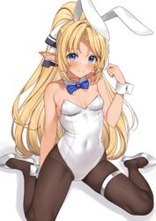  animal_ears bare_shoulders black_pantyhose blonde_hair blue_bow blue_bowtie blush bow bowtie breasts commentary_request covered_navel detached_collar elf enjo_kouhai fake_animal_ears female hair_ribbon high_heels highres iris_(takunomi) leotard long_hair looking_at_viewer pantyhose parted_bangs playboy_bunny pointy_ears rabbit_ears ribbon sex_toy shoes simple_background sitting small_breasts smile solo takunomi thigh_strap traditional_bowtie very_long_hair wariza white_background white_footwear white_leotard wrist_cuffs 