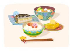  afloat blush border bowl chopstick_rest chopsticks closed_mouth commentary_request eating fish_(food) floral_print food full_body innertube kirby kirby_(series) miso_soup no_humans okku_oxn omelet rice simple_background sitting sleeping smile spring_onion star_(symbol) swim_ring tamagoyaki tofu wand white_border 