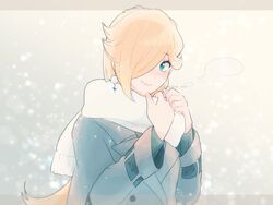  alternate_costume blonde_hair blue_coat blue_eyes coat earrings female hair_over_one_eye indisk_irio jewelry long_hair long_sleeves mario_(series) rosalina scarf smile snow solo twitter_username upper_body white_scarf 