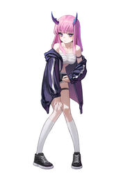  absurdres arm_strap black_footwear black_shorts closed_mouth commentary commission female full_body head_on_knee highres horns jacket kneehighs long_hair long_sleeves looking_at_viewer off_shoulder original pink_eyes pink_hair purple_jacket sarashi shoes shorts simple_background sneakers socks solo thigh_strap white_background white_socks yoon_cook 