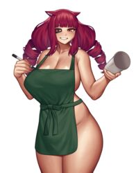  animal_ears apron blunt_bangs blush breasts cinko cleavage cup drill_hair female green_apron highres holding holding_cup holding_marker huge_breasts iced_latte_with_breast_milk_(meme) looking_at_viewer marker meme naked_apron red_eyes shadow simple_background smile solo stella_hoshii twin_drills va-11_hall-a white_background 