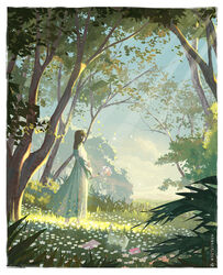  blue_sky brown_hair cloud dress female flower grass highres holding holding_flower light_rays long_hair long_sleeves morncolour original outdoors scenery sky solo standing sunbeam sunlight tree white_dress white_flower 