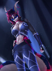  2022 5_fingers anthro breasts canid canine clothed clothing digital_media_(artwork) ear_piercing ear_ring elvofirida eyebrows eyelashes feather_ear_ring female fingers gun hi_res holding_gun holding_object holding_ranged_weapon holding_weapon looking_at_viewer mammal midriff navel piercing ranged_weapon red_eyes ring_piercing smile solo species_request weapon 