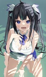  absurdres black_hair blue_eyes blue_ribbon blush breasts cleavage dress dungeon_ni_deai_wo_motomeru_no_wa_machigatteiru_darou_ka female hand_up hestia_(danmachi) highres idenshi_hina long_hair looking_at_viewer medium_breasts open_mouth ribbon smile solo twintails very_long_hair white_dress 