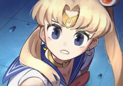  bishoujo_senshi_sailor_moon bishoujo_senshi_sailor_moon_s blonde_hair blue_eyes blue_sailor_collar bow bowtie choker circlet collarbone commentary crescent crescent_earrings derivative_work earrings english_commentary female from_side hair_ornament hair_over_shoulder heart heart_choker highres jewelry long_hair magical_girl meme parted_bangs parted_lips red_bow red_bowtie red_choker sailor_collar sailor_moon sailor_moon_redraw_challenge_(meme) sailor_senshi_uniform school_uniform screenshot_redraw serafuku solo sweatdrop tostantan tsukino_usagi twintails upper_body 