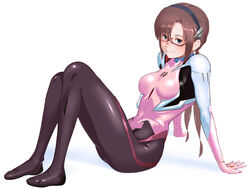  bodysuit breasts brown_hair closed_mouth commentary evangelion:_2.0_you_can_(not)_advance female glasses hairband long_hair looking_at_viewer makinami_mari_illustrious neon_genesis_evangelion photoshop_(medium) pink_bodysuit plugsuit rebuild_of_evangelion simple_background smile solo takemaru08 twintails white_background 