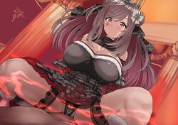  1boy aura bare_shoulders belt black_dress black_panties blush breasts bridal_garter brown_eyes brown_hair chains chastity_belt cleavage cleavage_cutout closed_mouth clothing_cutout cowgirl_position crown dress female hair_ornament highres huge_breasts idolmaster idolmaster_shiny_colors kneehighs lock long_hair looking_at_viewer panties red_skirt skirt smile socks solo_focus squatting straight swept_bangs thighs tsukioka_kogane underwear upanishi_mariko 