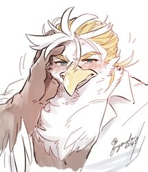  accipitrid accipitriform anthro avian beak bird blonde_hair blush clothing dress_shirt eagle embarrassed fuyoudo624 hair lifewonders male shirt solo thunderbird_(tas) tokyo_afterschool_summoners topwear 