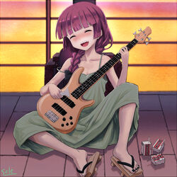  alcohol_carton artist_name black_bow black_nails blunt_bangs blunt_ends bocchi_the_rock! bow braid braided_ponytail breasts closed_eyes collarbone commentary_request dress electric_guitar female full_body geta green_dress guitar hairbow highres hiroi_kikuri holding holding_instrument instrument knee_up nail_polish on_ground open_mouth outdoors purple_hair sandals sharp_teeth sidelocks signature sitting sleeveless sleeveless_dress small_breasts solo strap_slip teeth telaform toenail_polish toenails 