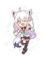  ahoge animal_ear_fluff animal_ears arito_arayuru armpits arms_up black_footwear black_shorts blue_neckerchief boots chibi commentary detached_sleeves female fox_ears fox_girl fox_shadow_puppet fox_tail green_eyes hair_between_eyes highres hololive hood hoodie leg_up long_hair looking_at_viewer neckerchief one_eye_closed open_mouth pentagram shirakami_fubuki shirakami_fubuki_(1st_costume) shorts simple_background single_thighhigh solo tail thigh_strap thighhighs virtual_youtuber white_background white_hair white_hoodie white_sleeves 