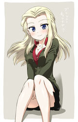  black_skirt blonde_hair blue_eyes blush border breasts clara_(girls_und_panzer) cleavage closed_mouth collarbone feet_out_of_frame female girls_und_panzer green_jacket grey_background highres inoue_kouji jacket large_breasts looking_at_viewer military military_uniform miniskirt pravda_school_uniform school_uniform shadow simple_background sitting skirt smile solo translation_request uniform white_border 