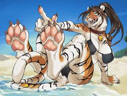  2021 4_toes 5_fingers anthro ass beach bikini blue_sky breasts brow_hair claws clothed clothing collar countershading day digital_media_(artwork) feet felid female fingers foot_focus fur hair hervy hindpaw looking_at_viewer mammal open_mouth outside pantherine pawpads paws seaside sky smile solo stripes swimwear teeth tiger toe_claws toes tongue topwear windwttom 