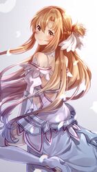  absurdres armor asuna_(sao) boots brown_eyes brown_hair closed_mouth dress faulds female floating_hair from_behind hair_intakes highres hozumi_rino long_hair looking_at_viewer looking_back shoulder_blades sitting smile solo sword_art_online thigh_boots thighhighs very_long_hair wariza white_dress white_thighhighs 