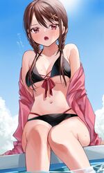  bikini black_bikini blue_sky blush braid breasts brown_hair chigusa_minori cleavage cloud cloudy_sky collarbone commentary day female front-tie_bikini_top front-tie_top hair_ornament halterneck highres jacket knees_together_feet_apart kokoro_iroduku_koi_ga_shitai long_hair long_sleeves looking_at_viewer low_twintails medium_breasts mole mole_on_breast mole_on_leg momiji_ayaka multi-strapped_bikini navel ocean off_shoulder open_clothes open_jacket open_mouth outdoors pink_jacket purple_eyes red_ribbon ribbon sitting sky solo stomach sweatdrop swimsuit translated twin_braids twintails water x_hair_ornament 