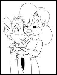  age_difference anthro black_border border bottomwear cape clothing crossover denim denim_bottomwear denim_clothing disney don_bluth dsketch3r_(artist) duo eye_contact female female/female goof_troop hands_on_shoulders hi_res jeans looking_at_another mammal markings mole_(marking) monochrome mouse mrs._brisby murid murine pairing pants rodent roxanne_(goof_troop) shirt the_secret_of_nimh topwear wood_mouse 