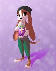  2023 anthro barefoot beagle beanie beverage bottomwear brown_eyes bubble_tea canid canine canis clothed clothing domestic_dog drinking feet fully_clothed hat headgear headwear hi_res hunting_dog hybrid lagomorph leporid light lighting long_ears looking_at_viewer mammal pants purple_background rabbit ribbontini scent_hound shaded shadow shirt signature simple_background solo standing straw_(disambiguation) tail tank_top topwear 