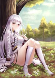  absurdres blush bow breasts convenient_leg dress female flower forest girls&#039;_frontline hairbow hand_on_breast highres iws_2000_(girls&#039;_frontline) kneehighs korean_commentary long_hair looking_at_viewer nature no_shoes outdoors prothymos red_eyes sitting socks solo thighs tree white_dress white_hair white_socks 