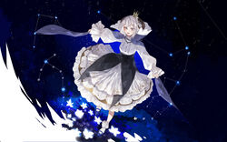  absurdres aries_(constellation) black_background black_skirt blue_footwear commentary_request constellation crown female flower full_body grey_eyes hair_between_eyes high-waist_skirt highres horns iwai_ku_tsuki libra_(constellation) long_sleeves mini_crown original outstretched_arms parted_lips scorpius_(constellation) shirt shirt_tucked_in short_hair simple_background skirt smile socks solo star_(sky) virgo_(constellation) white_flower white_hair white_shirt white_skirt white_socks 