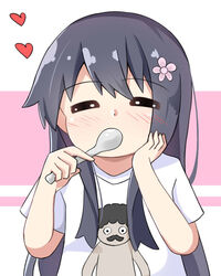  black_hair blush closed_eyes commentary_request covered_mouth facing_viewer female flower hair_flower hair_ornament hands_up heart higero_(wataten) highres holding holding_spoon kapuru_0410 long_hair pink_background pink_flower print_shirt shirosaki_hana shirt short_sleeves solo spoon two-tone_background upper_body very_long_hair watashi_ni_tenshi_ga_maiorita! white_background white_shirt 