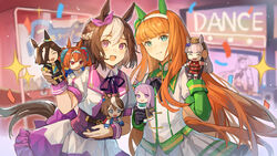  2girls absurdres animal_ears aqua_bow aqua_eyes arcade asymmetrical_gloves black_gloves black_jacket blue_eyes bow braid brown_hair buttons character_doll closed_eyes commentary daiwa_scarlet_(umamusume) double-breasted dress ear_bow ear_covers ear_ornament epaulettes french_braid gloves gold_ship_(umamusume) grey_hair hair_between_eyes hair_over_one_eye highres hime_cut horse_ears horse_girl horse_tail jacket long_hair long_sleeves looking_at_viewer mejiro_mcqueen_(umamusume) mismatched_gloves multicolored_hair multiple_girls oguri_cap_(umamusume) open_mouth orange_hair pillbox_hat pleated_skirt puffy_short_sleeves puffy_sleeves purple_bow purple_eyes purple_ribbon red_dress red_hair ribbon short_hair short_sleeves side_cape silence_suzuka_(umamusume) single_epaulette skirt smile sparkle special_week_(umamusume) streaked_hair tail tiara tokai_teio_(umamusume) twintails umamusume very_long_hair vodka_(umamusume) white_hair white_jacket white_skirt wrist_cuffs wufaxianshi_cnd 