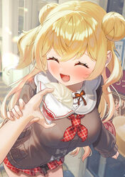  :d blonde_hair blush breasts brown_sweater closed_mouth cosplay day double_bun female food hair_bun highres hiyorou holding holding_another&#039;s_wrist holding_food hololive large_breasts leaning_forward long_hair long_sleeves miniskirt momosuzu_nene momosuzu_nene_(casual) momosuzu_nene_(cosplay) official_alternate_costume outdoors pov pov_hands red_skirt self_cosplay skirt smile sweater two_side_up virtual_youtuber 