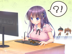  !? 1boy 2girls a.x. ahoge bad_id bad_pixiv_id black_ribbon blush blush_stickers breast_rest breasts breasts_on_table brown_eyes brown_hair chibi computer_keyboard covered_nipples desk drawing_tablet frilled_sleeves frills hair_ornament highres holding holding_stylus inconvenient_breasts large_breasts long_hair mo_xiaoju monitor multiple_girls nose_blush photoshop_(medium) pink_shirt purple_eyes ribbon sanse_hui_lian shaded_face shirt short_sleeves solo_focus spoken_interrobang stylus sweatdrop technical_difficulties twintails very_long_hair wen_zhi 