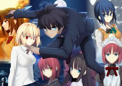  1boy 6+girls ahoge antenna_hair apron aqua_eyes arcueid_brunestud black_dress black_hair black_hairband black_kimono blonde_hair blue_bow blue_eyes blue_hair blue_jacket blue_pants bow bowtie breasts brown_eyes brown_hair buttons ciel_(tsukihime) closed_mouth cloud collared_shirt commentary_request crying crying_with_eyes_open dh_ead dress glasses green_bow green_eyes hair_between_eyes hairband hairbow hammer highres hisui_(tsukihime) holding holding_hammer holding_knife holding_weapon jacket japanese_clothes jewelry juliet_sleeves kimono knife kohaku_(tsukihime) large_breasts long_hair long_sleeves looking_at_viewer looking_away maid maid_apron maid_headdress medium_breasts moon multiple_girls mystic_eyes_of_death_perception nanatsu-yoru neck_ribbon necklace pants puffy_sleeves red_bow red_eyes red_hair red_ribbon ribbon school_uniform shirt short_hair siblings sisters sitting skirt sky smile sunset sweater sweater_vest tears tohno_akiha tohno_shiki tsukihime tsukihime_(remake) turtleneck turtleneck_sweater twins two_side_up uniform weapon white_dress white_shirt white_sweater yellow_eyes yellow_sweater yumizuka_satsuki 