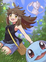  bag blue_skin blush breasts brown_eyes brown_hair closed_eyes colored_skin female grass green_(pokemon) highres inana_umi looking_at_viewer mew_(pokemon) outdoors pokemon pokemon_(creature) pokemon_lgpe shirt shorts sky sleeveless sleeveless_shirt smile squirtle tail tree wristband 