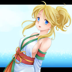  :d bare_shoulders blonde_hair blue_dress blue_eyes blush breasts collarbone commentary_request cosplay detached_sleeves dress female flare_en_kuldes gensou_suikoden gensou_suikoden_iv ham_pon highres letterboxed looking_at_viewer medium_breasts obi ocean open_mouth queen_of_obel queen_of_obel_(cosplay) sash short_ponytail sideboob sleeveless sleeveless_dress smile solo 