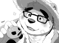  1boy animal_ears animal_nose artist_name bandaid bandaid_on_face bara bear_boy bear_ears blush close-up commentary fangs fangs_out food furry furry_male glasses gloves greyscale hat hijirino_yuuta holding holding_food holding_pumpkin holding_vegetable jack-o&#039;-lantern looking_at_object male_focus monochrome open_mouth pumpkin signature simple_background smile snout solo straw_hat thick_eyebrows tokyo_afterschool_summoners towel towel_around_neck vegetable volos_(housamo) white_background 