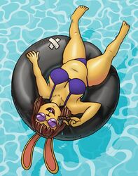  anthro bent_arm big_bun_burgers bikini breasts brown_hair candy chocolate clothing dessert extended_arm extended_legs eyewear feet_in_water female food glasses hair inflatable inflatable_ride inflatable_support inner_tube lagomorph layla_(ponehanon) leporid mammal on_pool_toy on_swim_ring outside partially_submerged pool_toy rabbit solo swim_ring swimwear water waterscape zaboom 