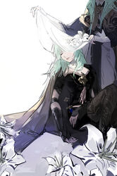  2girls bad_id bad_pixiv_id black_clothes blue_hair breasts byleth_(female)_(fire_emblem) byleth_(fire_emblem) cape cleavage closed_eyes closed_mouth commentary dagger fire_emblem fire_emblem:_three_houses flower grey_cape grey_legwear holding knife lips long_hair multiple_girls n0ise out_of_frame pantyhose rhea_(fire_emblem) sheath sheathed simple_background sitting standing weapon white_background white_flower 